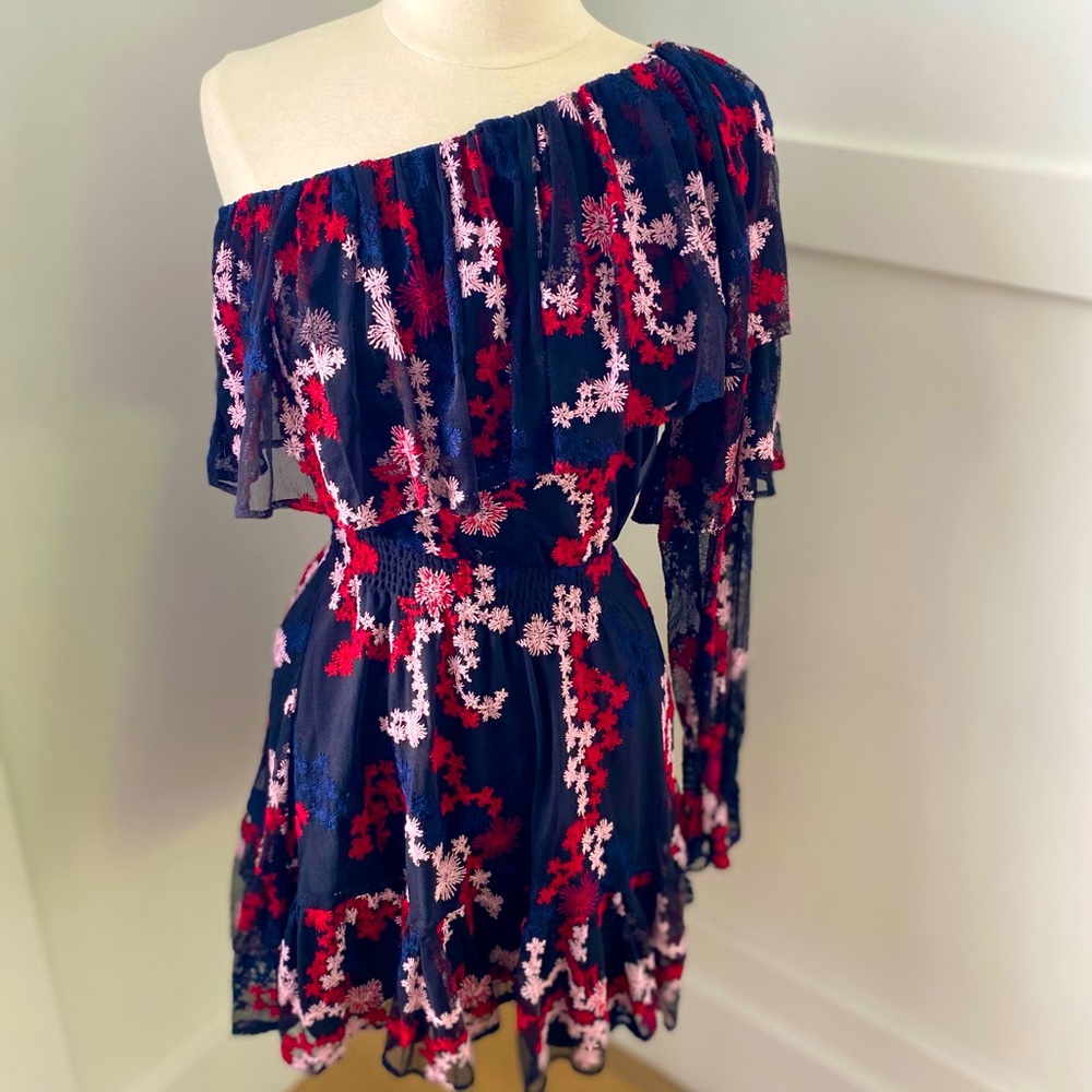One shoulder, embroidered, navy mini dress